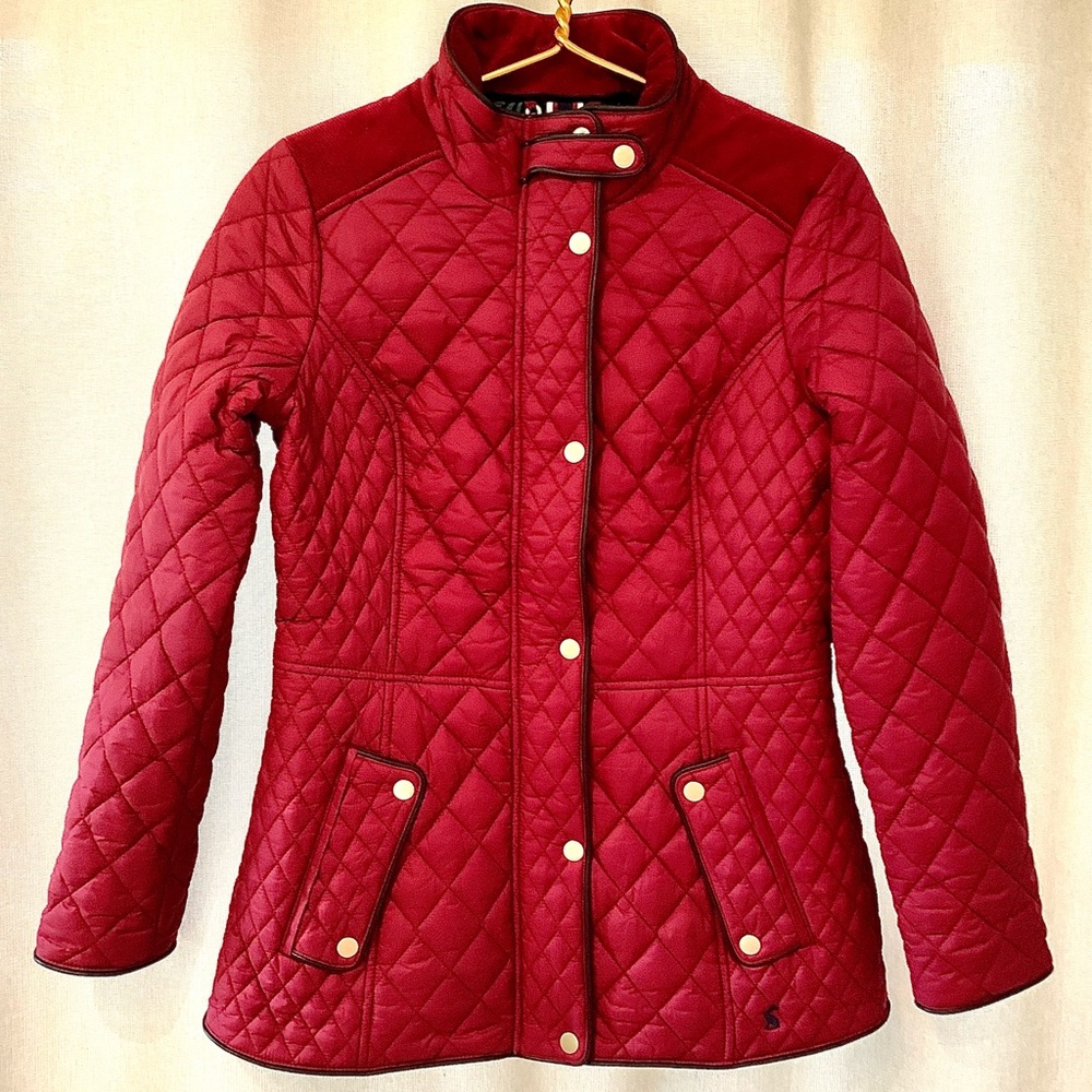 JOULES British Quilted Jacket Maroon w/Black Trim Zipper Snaps